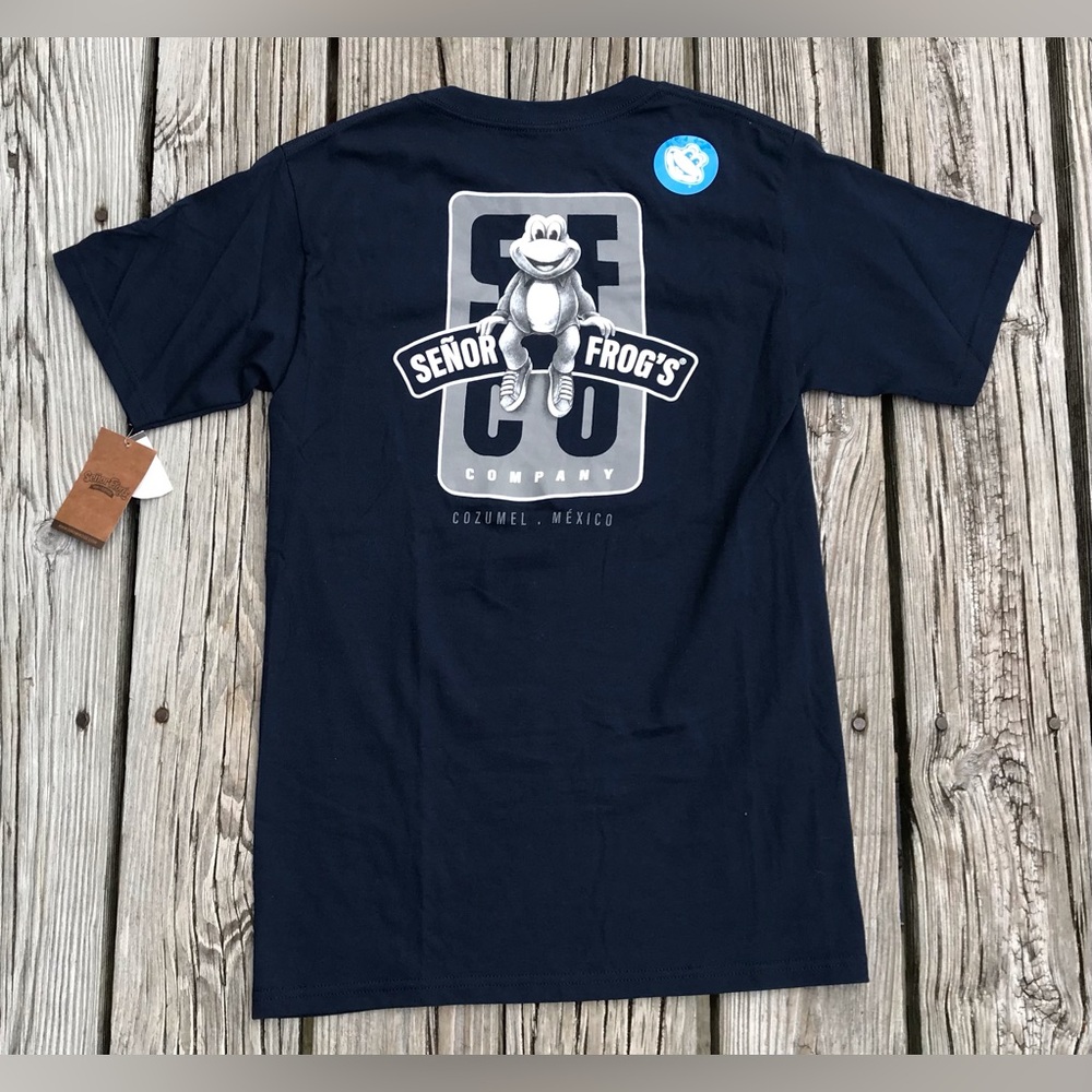 NEW Ladies S SENOR FROGS Large Back Logo Graphic Navy Blue Frog Patch Tee Tshirt